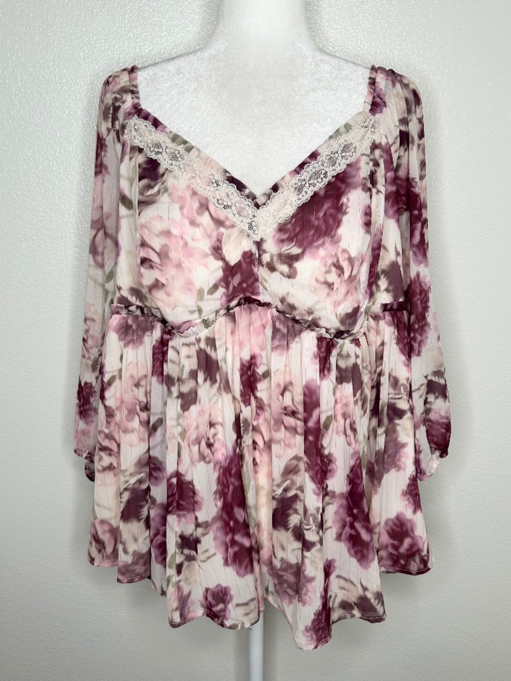 Torrid Womens Beige Purple Floral V-Neck Babydoll Chiffon Top Balloon Sleeve 2X